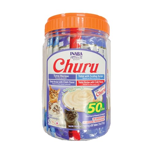 INABA Churu Cat Treats, Lickable, Squeezable Creamy Pur¨¦e Cat Treat with Green Tea Extract & Taurine, 0.5 Ounces Each Tube, 50 Tubes, Tuna & Seafood Variety